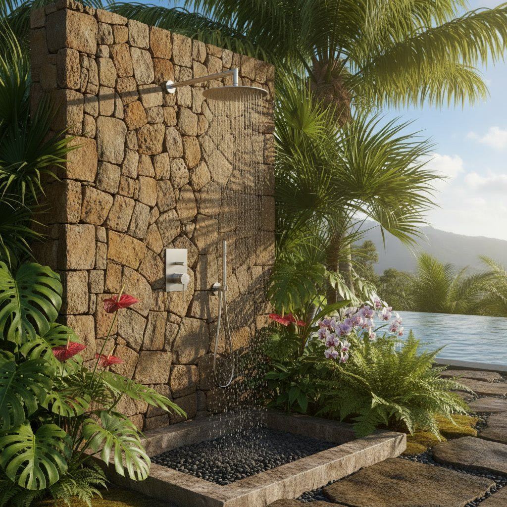 Douche d'extérieur encastrée sur mur en pierre, au bord d'une piscine, RIVIÈRE & BAINS
