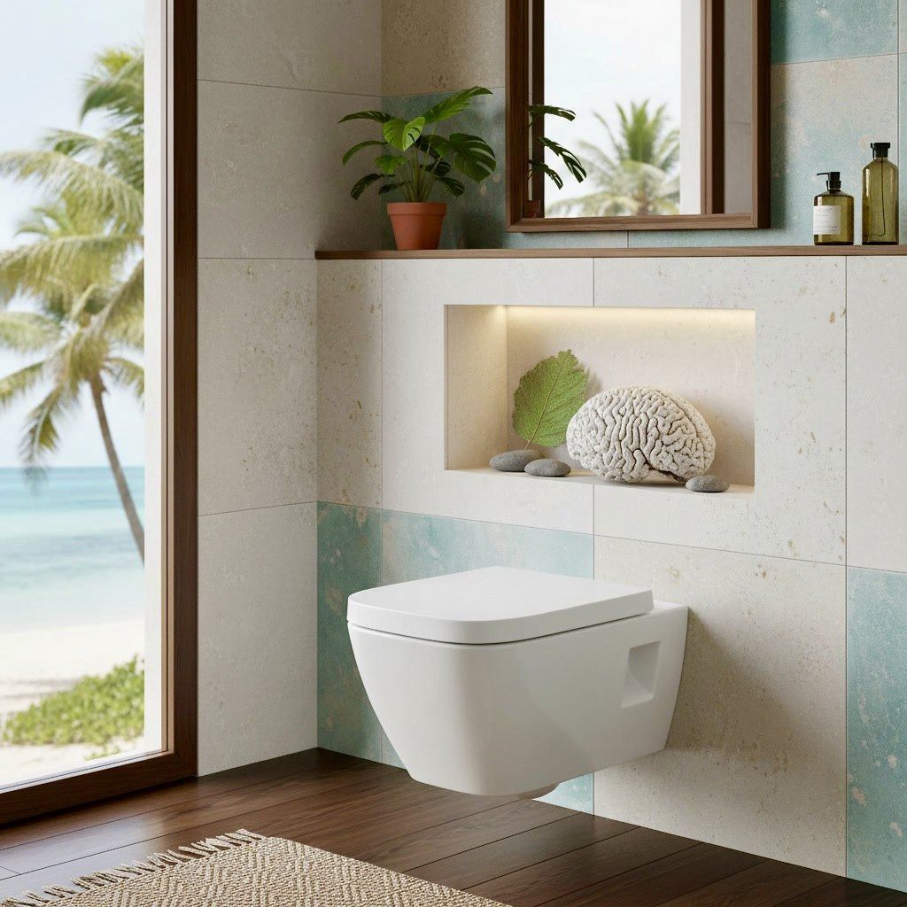 WC suspendu blanc dans une salle de bain avec vue sur la mer, RIVIÈRE & BAINS