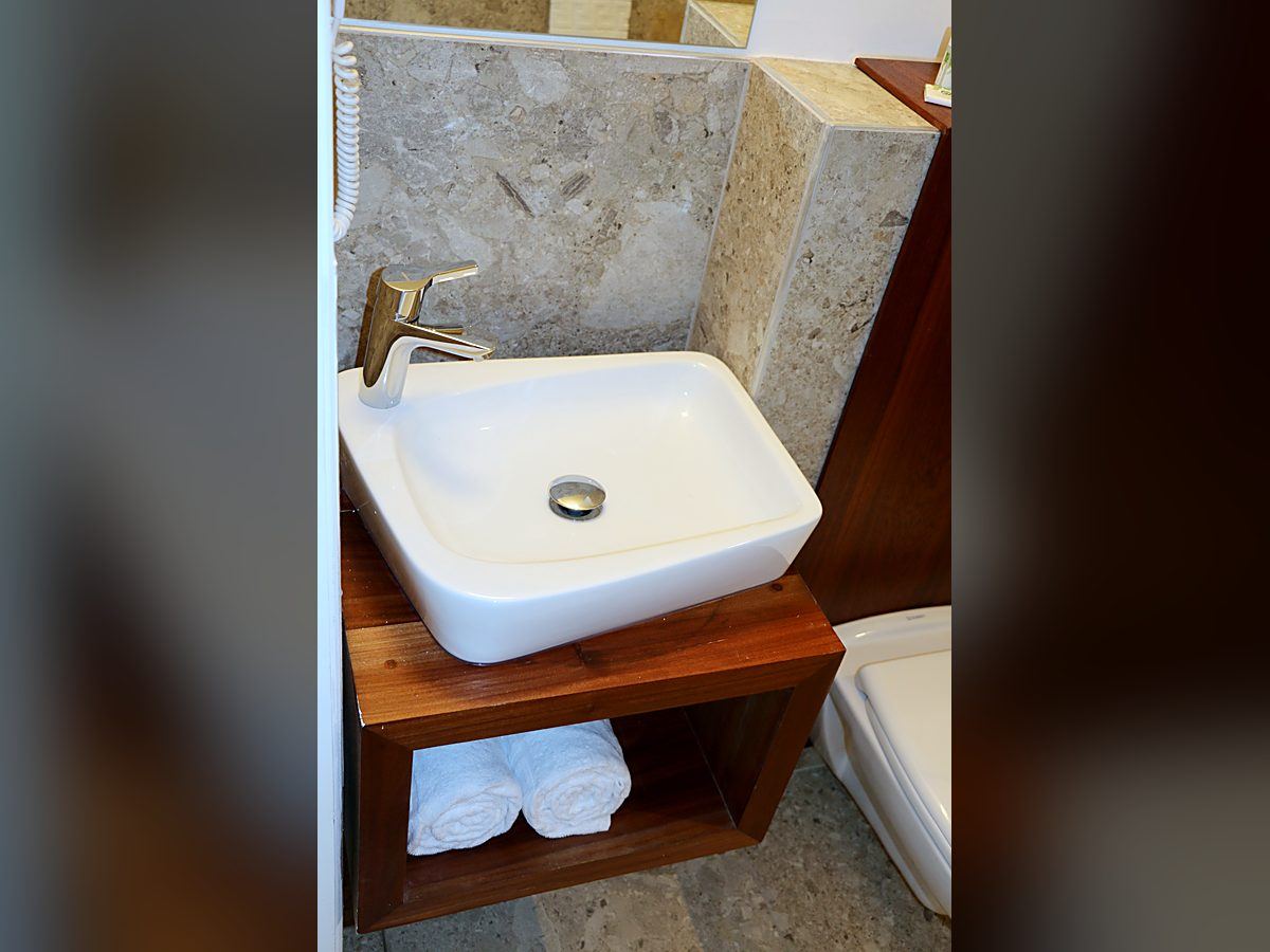 Vasque à poser et mitigeur sur meuble bois, Tropic Appart'Hôtel