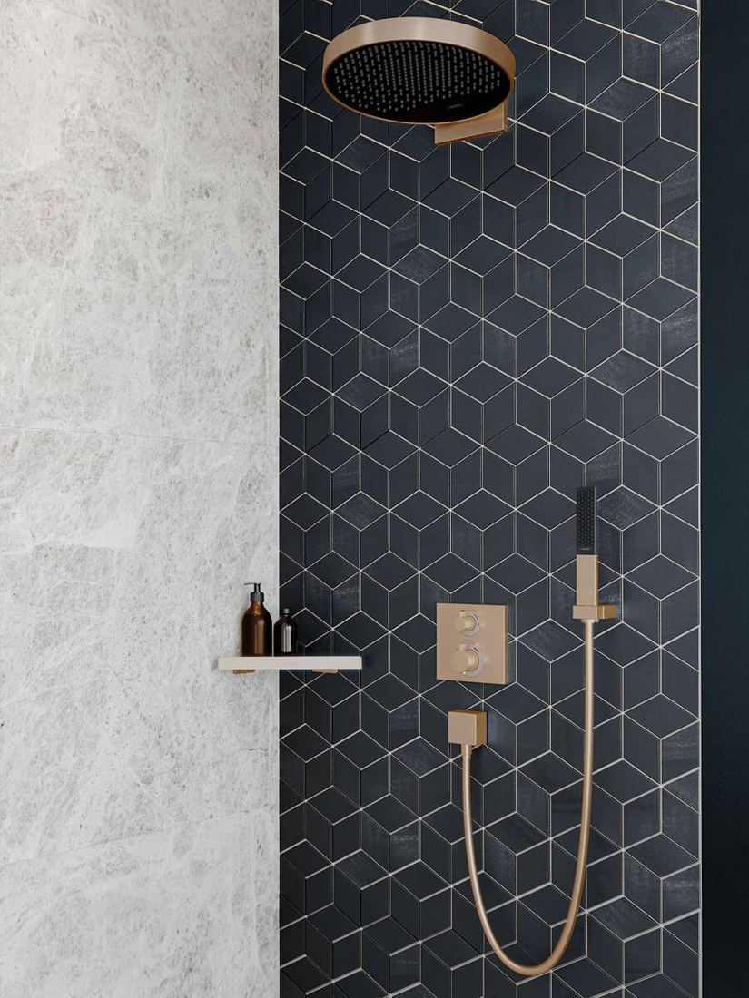 Douche encastrée avec pomme de tête, mitigeur thermostatique et douchette en finition bronze brossé, RIVIÈRE & BAINS